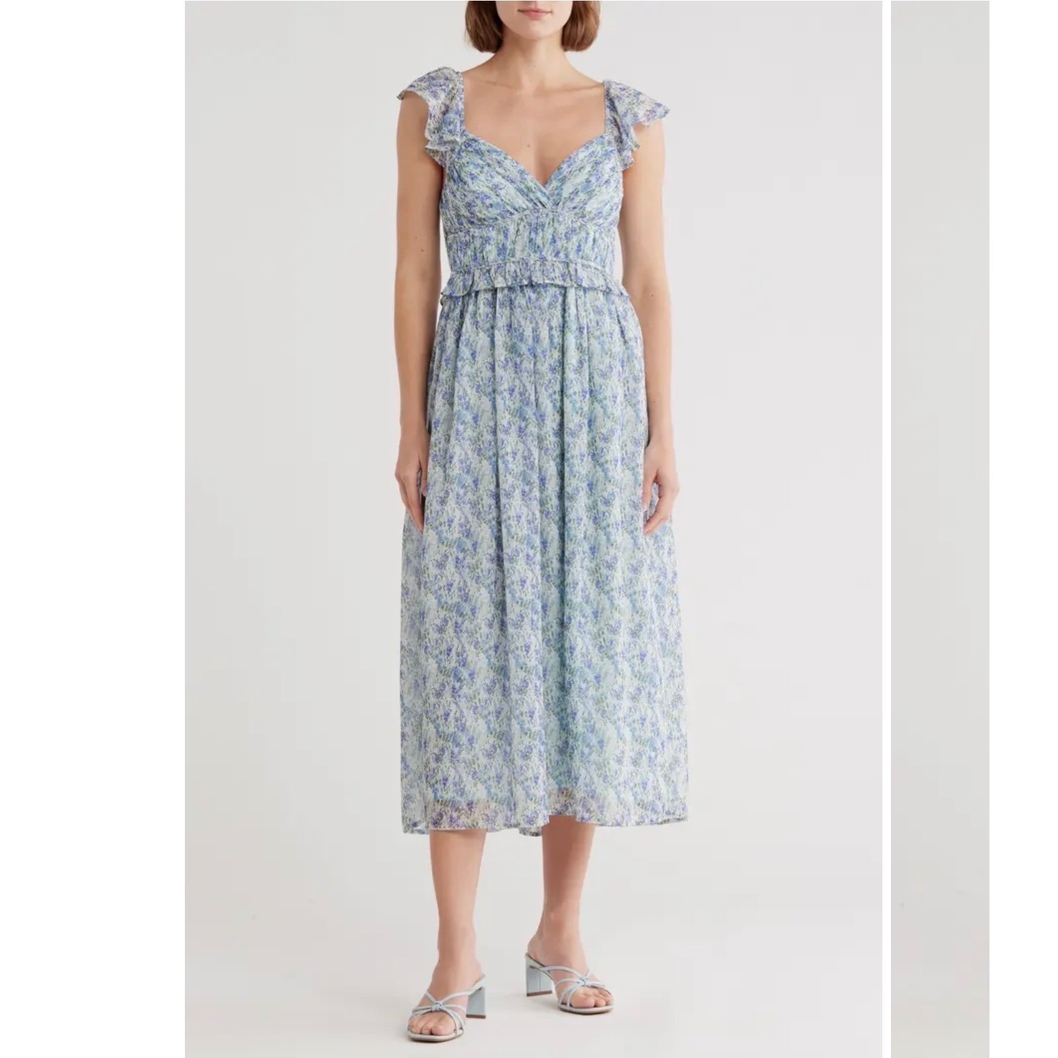 Lush Shirred Flutter Sleeve Midi Dress Floral Blue Cottagecore Size Small Nwt